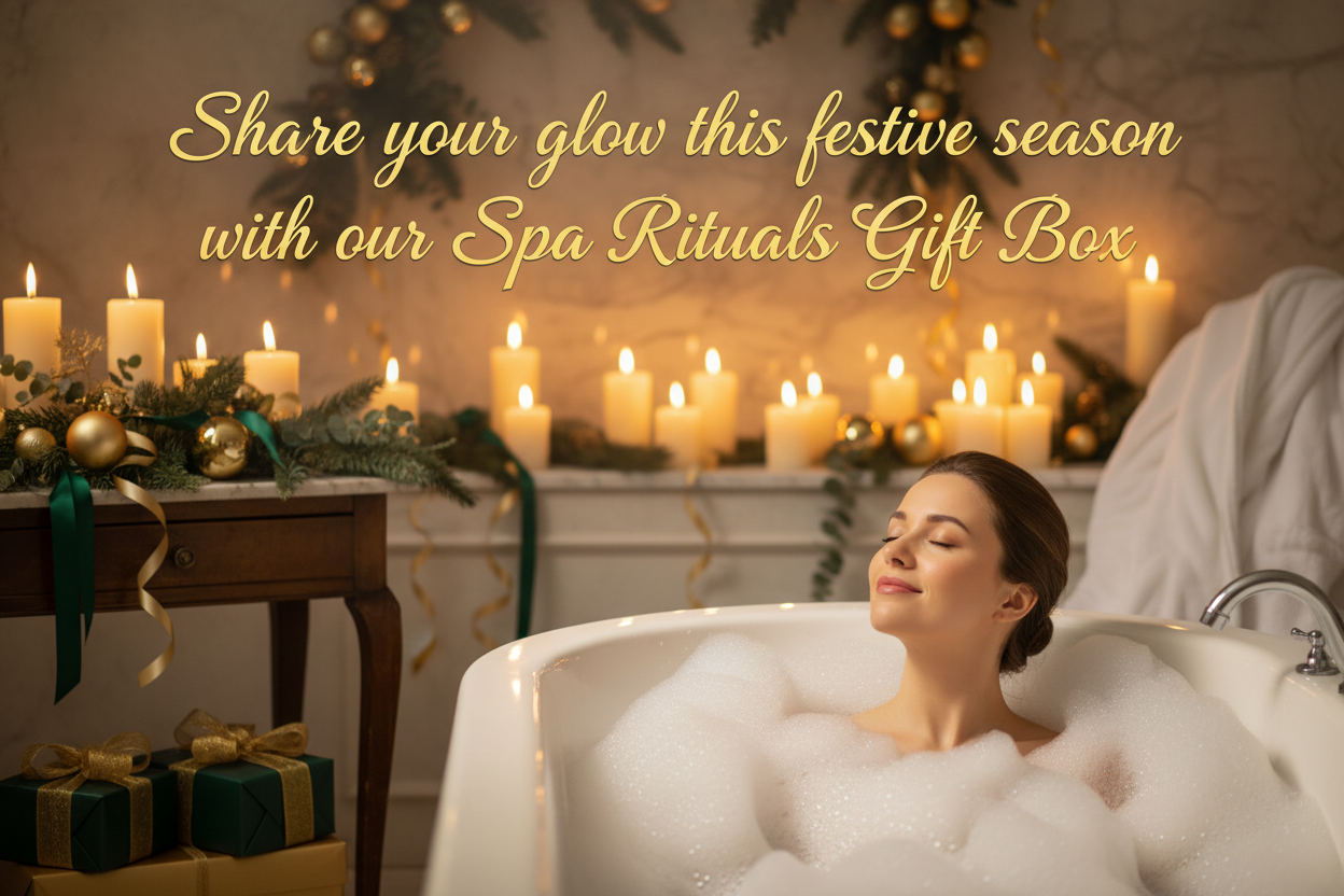Create a relaxing woman in a foam bath with soft candle light background, with a few christmas decorations in gold and green. Include the wording "Share your glow this festive season with our Spa Rituals Gift Box"